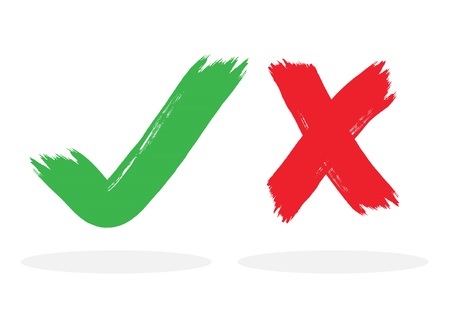 Red and green ink abstract brushed check mark and crossed X mark icons set with shadow on white backgroundのイラスト素材