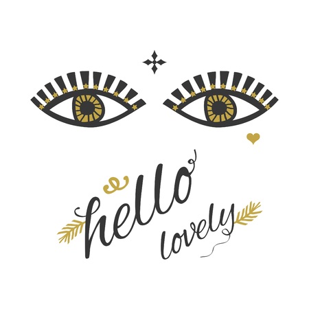 Lady's open eyes looking with eyelashes, golden stars eye line decoration and hello lovely message on white backgroundのイラスト素材