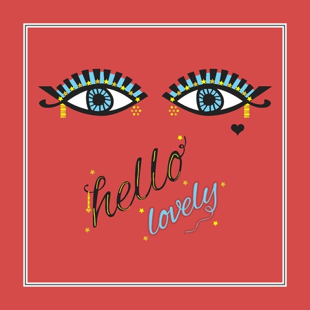 Gipsy open eyes with eyelashes and golden stars eye liner, dotted decoration and hello lovely message on red coral backgroundのイラスト素材