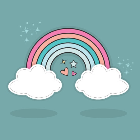 Cute abstract rainbow and clouds with hearts and stars sparkles in the sky with shadows on blue teal backgroundのイラスト素材