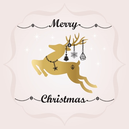 Black and golden Merry Christmas banner decoration and cute jumping reindeer with hanging holiday ornaments and star necklace on pink gradient backgroundのイラスト素材