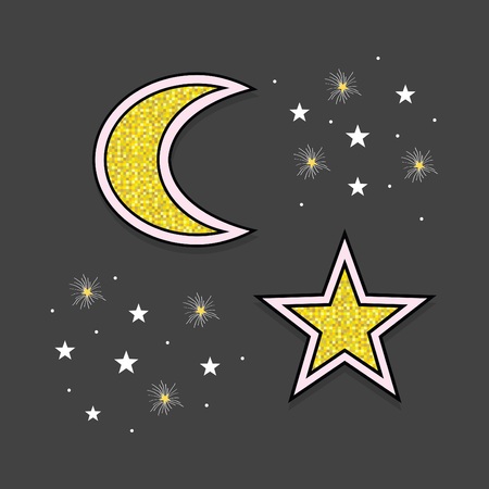 Abstract white and golden moon and stars icons in the sky at night on teal blue backgroundのイラスト素材