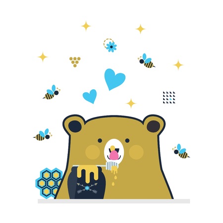 Blue and golden cute little bear licking honey stick surrounded by flying bees on white backgroundのイラスト素材