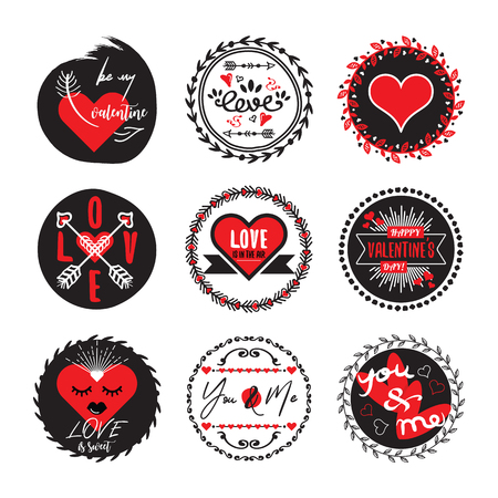 Black and red circle cute love and heart valentines emblems set on white backgroundのイラスト素材