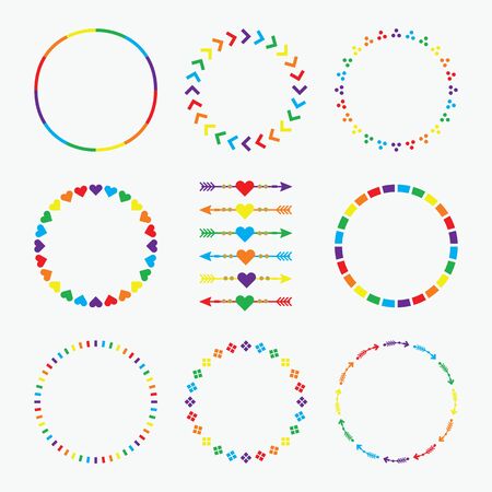Colorful rainbow circle emblems pattern with arrows design element set on white backgroundのイラスト素材