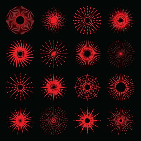 Red isolated beams and rays light stars icons set on black backgroundのイラスト素材