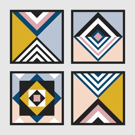 Modern retro colors geometrical square tiles frames pattern set on gray backgroundのイラスト素材
