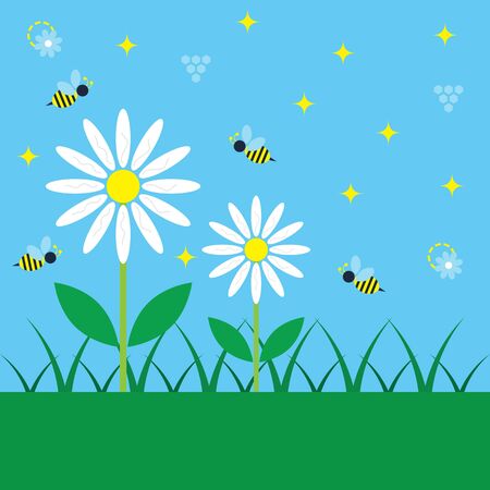 Spring blue sky day with simple white daisy flowers and honey bees kids and child like posterのイラスト素材