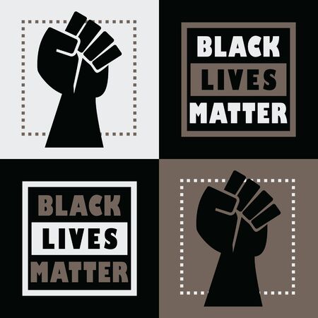 Black Lives Matter square message emblem stickers set with black powerful fist symbol icon on black and khaki backgroundのイラスト素材