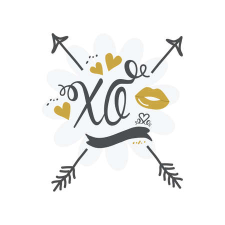Black and golden abstract hand drawn XO with lips, hearts, ribbon and crossed arrows icons on white backgroundのイラスト素材