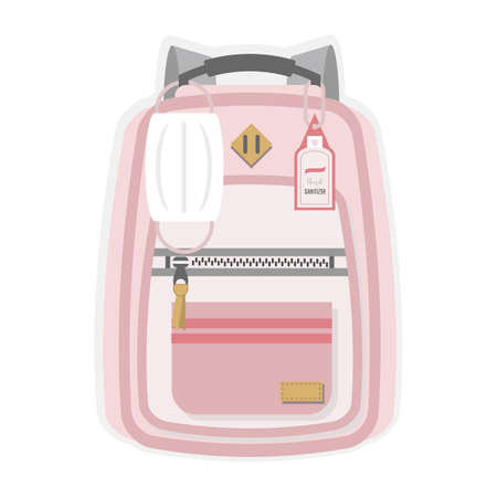 Pink kids new normal back to school backpack with hanging medical face mask, hand sanitizer, pocket and zipper flat design on white backgroundのイラスト素材