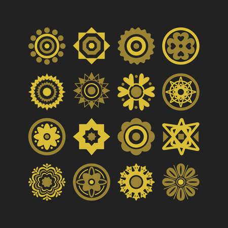 Golden cute isolated different style flower motifs icons set on black backgroundのイラスト素材