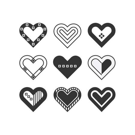 Trendy black silhouette cute assorted isolated childlike hearts icons set frameのイラスト素材