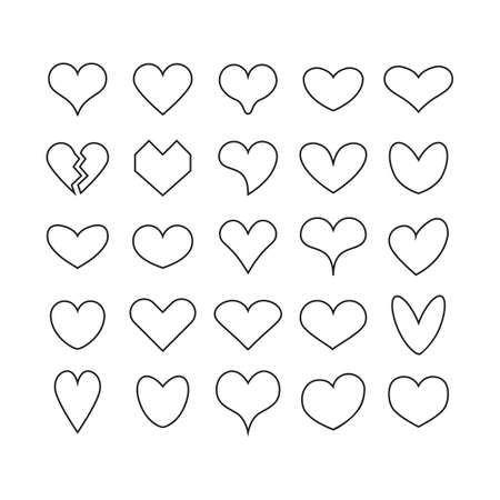 Black ink cute line and isolated different beautiful heart shapes icons set on white backgroundのイラスト素材