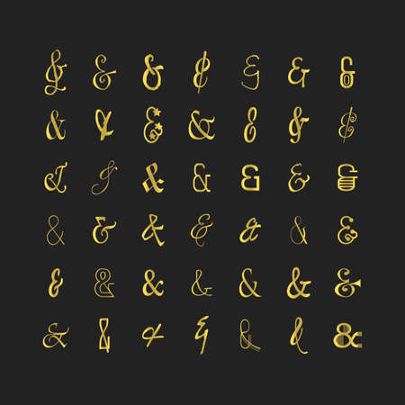 Golden modern and trendy different shapes of thin line stylized and isolated ampersand icons set on black backgroundのイラスト素材