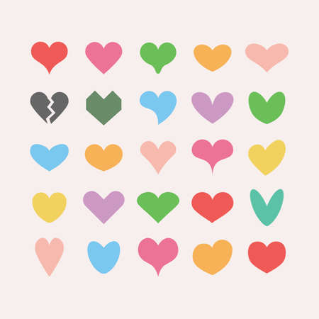 Trendy and colorful cute solid and isolated different beautiful heart shapes icons set on pink backgroundのイラスト素材