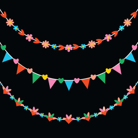 Illustration pour Cute trendy pink, yellow and blue colors hearts and flowers hanging decoration bunting banners set on black  background - image libre de droit