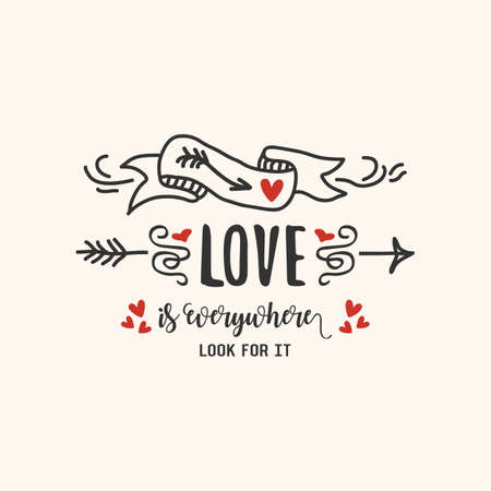 Black and red abstract hand drawn LOVE is everywhere ribbon, hearts, and arrows icons on pink backgroundのイラスト素材