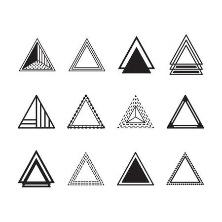 Black silhouette and line equilateral triangles motifs and icons set on white backgroundのイラスト素材