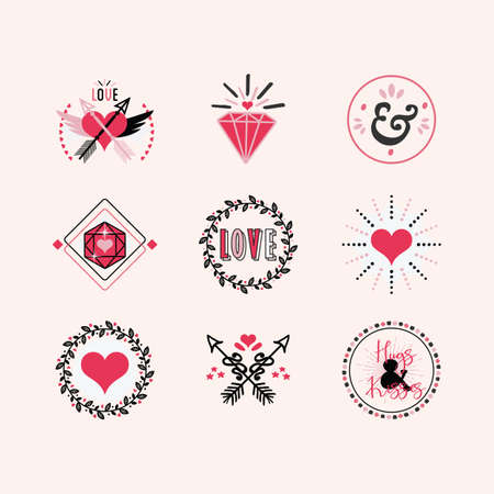 Cute elegant black, pink and red love and heart different emblems and stamps design element set on light pink backgroundのイラスト素材