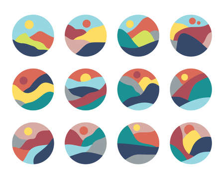 Abstract minimal colorful landscape, hills, river and mountain circle icons set on white backgroundのイラスト素材
