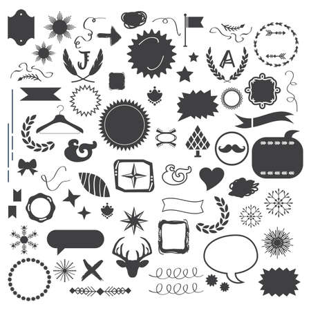 Set of 60 black random silhouette and line isolated motifs icons design elements on white backgroundのイラスト素材