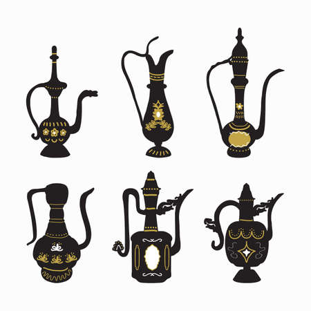 Black ink silhouette traditional Moroccan long neck teapot isolated icons set with golden accents...