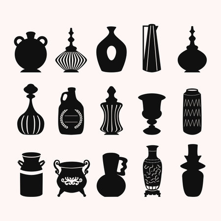 Black assorted simple silhouette and detail trendy vases, containers, bowls, pots and jars abstract icons design elements set on light beige backgroundのイラスト素材