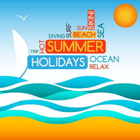 Minimalist style summer design poster with sun and birds.   word clouds conceptのイラスト素材