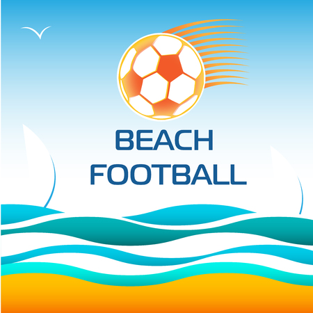 Beach Soccer Football. Bright Vector poster Design Element on Sea wave Backgroundのイラスト素材