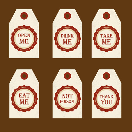 Alice in Wonderland vector set with labels Eat me, Drink me, Open me, Not poison, Thank you. ideal for decoration at a wedding Banquet or a birthday party.のイラスト素材