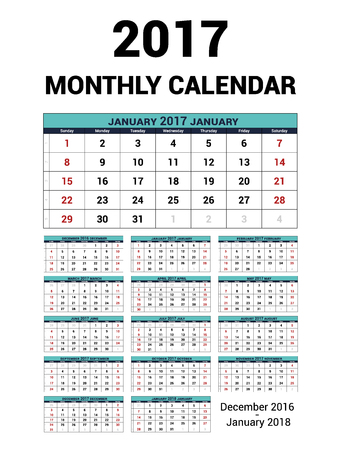 Calendar monthly for 2017 Year. Vector Stationery Design Print Template. Week Starts Sunday. 14Months - december 2016 - January 2018. Calendar 2017 grid.のイラスト素材