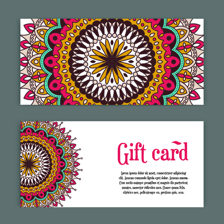 set templates of gift cards with color ornament mandala for print or website. vector illustration. Gift card design. Vector national design. Card template for print.のイラスト素材