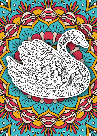 Printable coloring book page for adults - swan design, activity to older children and relax adult. vector coloring book with Islam, Arabic, Indian, ottoman motifs. Oriental colorful mandala.のイラスト素材