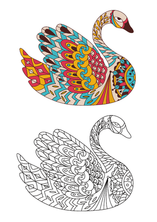 Printable coloring book page for adults - swan design, activity to older children and relax adult. Two versions colorful and outlineのイラスト素材