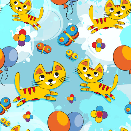 Vector seamless pattern with cute kittens on a blue background. Baby background for fabric, paper, interior design or clothing. Colorful cat - stock vectorのイラスト素材