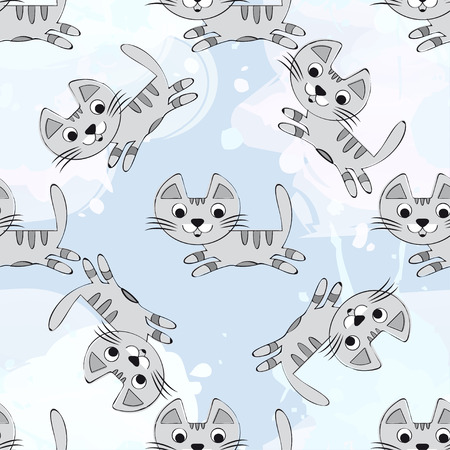 Vector seamless pattern with cute kittens on a blue background. Baby background for fabric, paper, interior design or clothing. Gray cat - stock vectorのイラスト素材