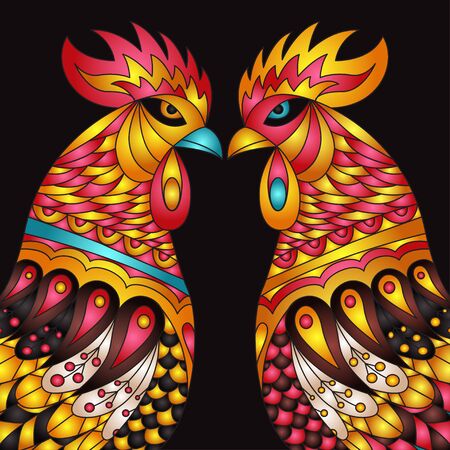 Vector colorful roosters - the zodiac symbol of the Chinese New year. Vector Design Print Template with decorative element .のイラスト素材