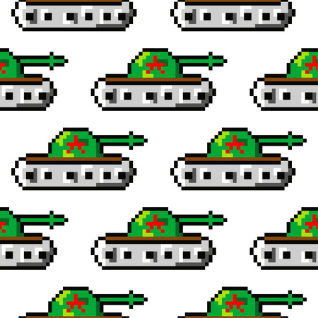 Pixel art vector objects to create Fashion seamless pattern. Background with tanks for boys. trendy 80s-90s pixel art style, computer game styleのイラスト素材