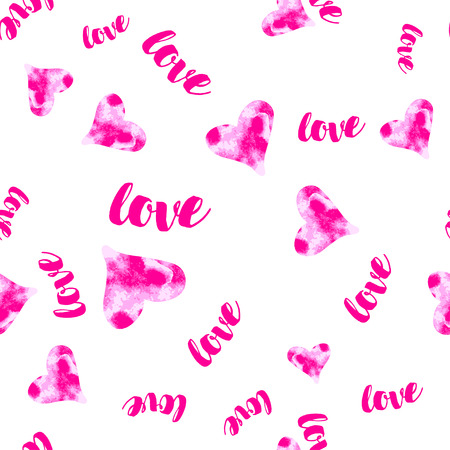 Vector pink Watercolour hearts with love seamless pattern. Romantic background for wrapping, fabric, greeting cards Valentine s Day, invitations weddingのイラスト素材