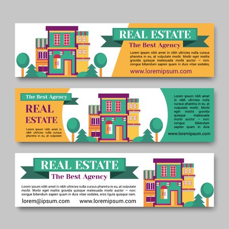 Real estate flat horizontal banner set with house logo, ribbon, trees. Village apartment rental and buying vector illustrationのイラスト素材