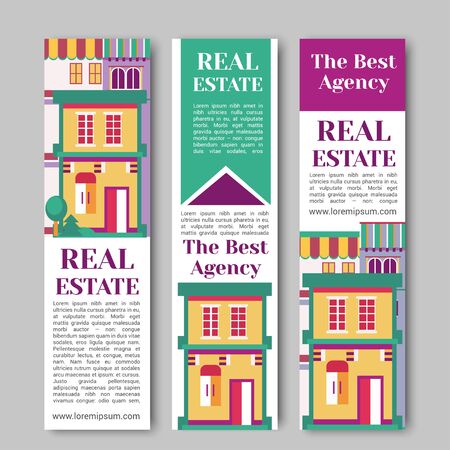 Real estate flat vertical banner set with house logo, ribbon, trees. Village apartment rental and buying vector illustrationのイラスト素材