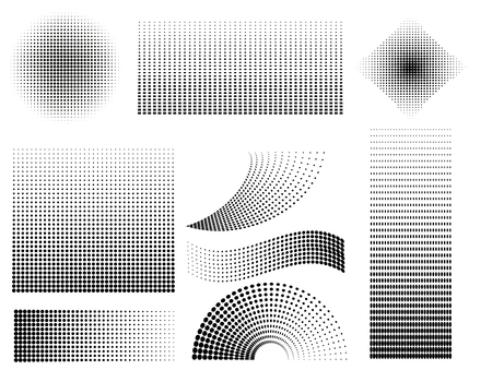 Halftone style elements set. vector collections retro textures for posters, banners design. Isolated black shapes on the white background.のイラスト素材