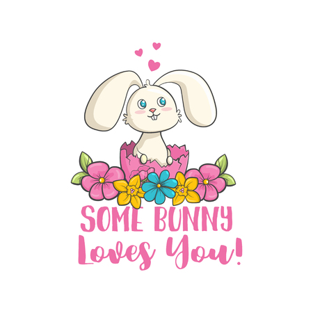 Some bunny loves you. Cute rabbit and typography vector print with Easter egg, hearts and flowers.Vector design for greeting cards, t-shirts and holidays wishesのイラスト素材
