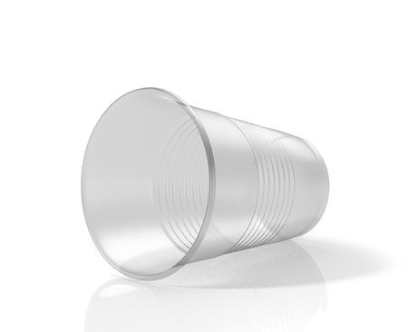 Lying horizontally transparent plastic cup. 3D illustrationの写真素材