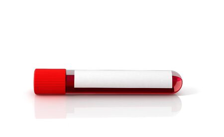 Test tube with blood and white sticker isolated on white. 3D illustration.の写真素材