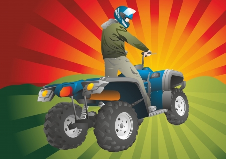 ATV off-road rider in helmet jumping in to the sunsetのイラスト素材