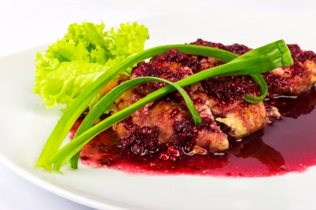 baked meat in a raspberry sauce with onion and lettuceの写真素材