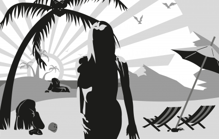 silhouette of a woman on the beach near the mountains, under a palm tree and an umbrellaの写真素材