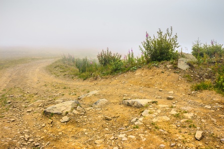 dirt ground road with rocks in the misty mountainsの写真素材